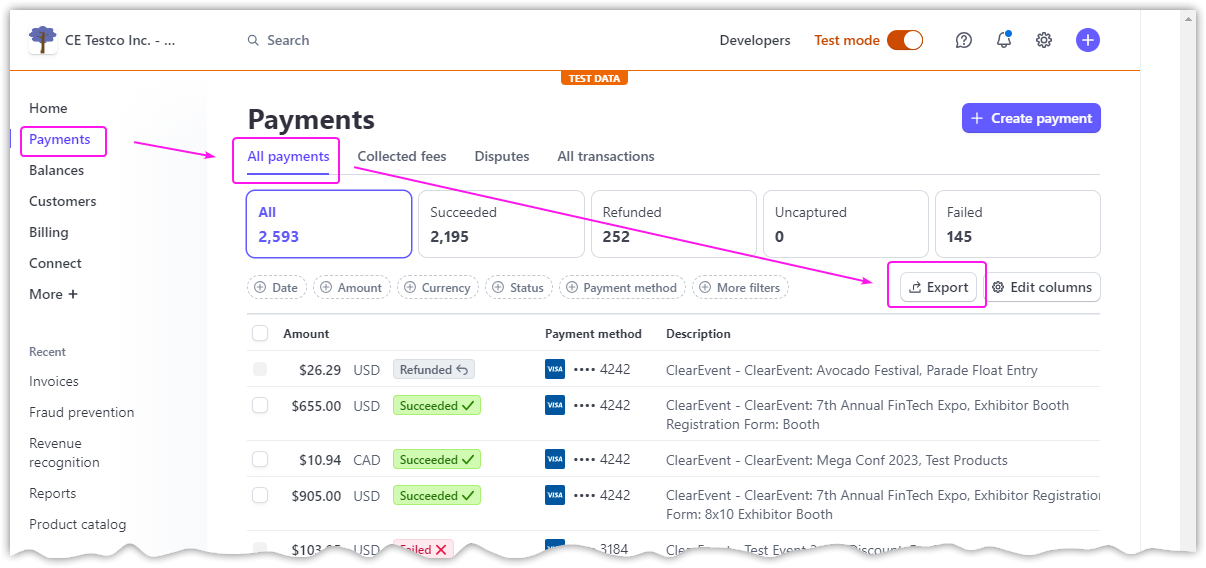 Stripe Dashboard Payments page showing the navigation with Payments selected in the left sidebar and the Disputes tab visible in the top tab bar alongside All payments, Collected fees, and All transactions