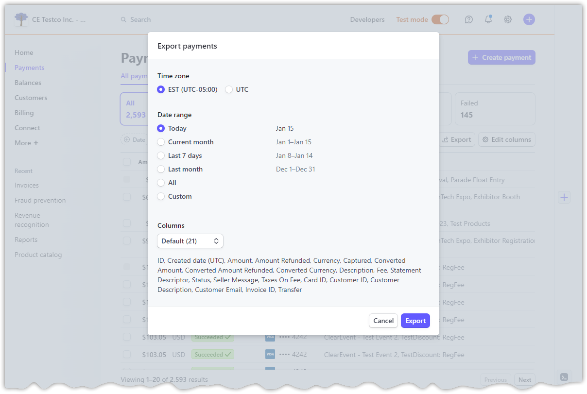 Stripe Export dialog showing Time zone selector, Date range options with presets including Today, Current month, Last 7 days, Last month, All, and Custom, a Columns dropdown, and Cancel and Export buttons at the bottom