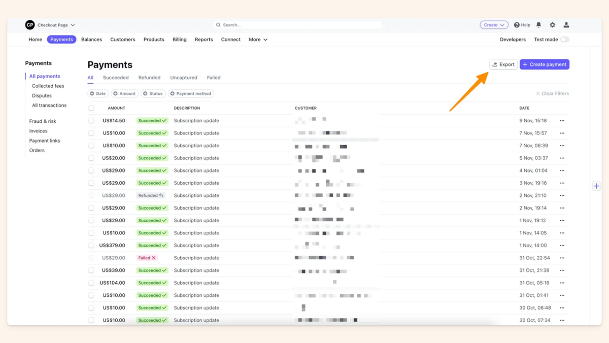Stripe Dashboard Payments page with an arrow pointing to the Export button in the upper-right corner of the toolbar
