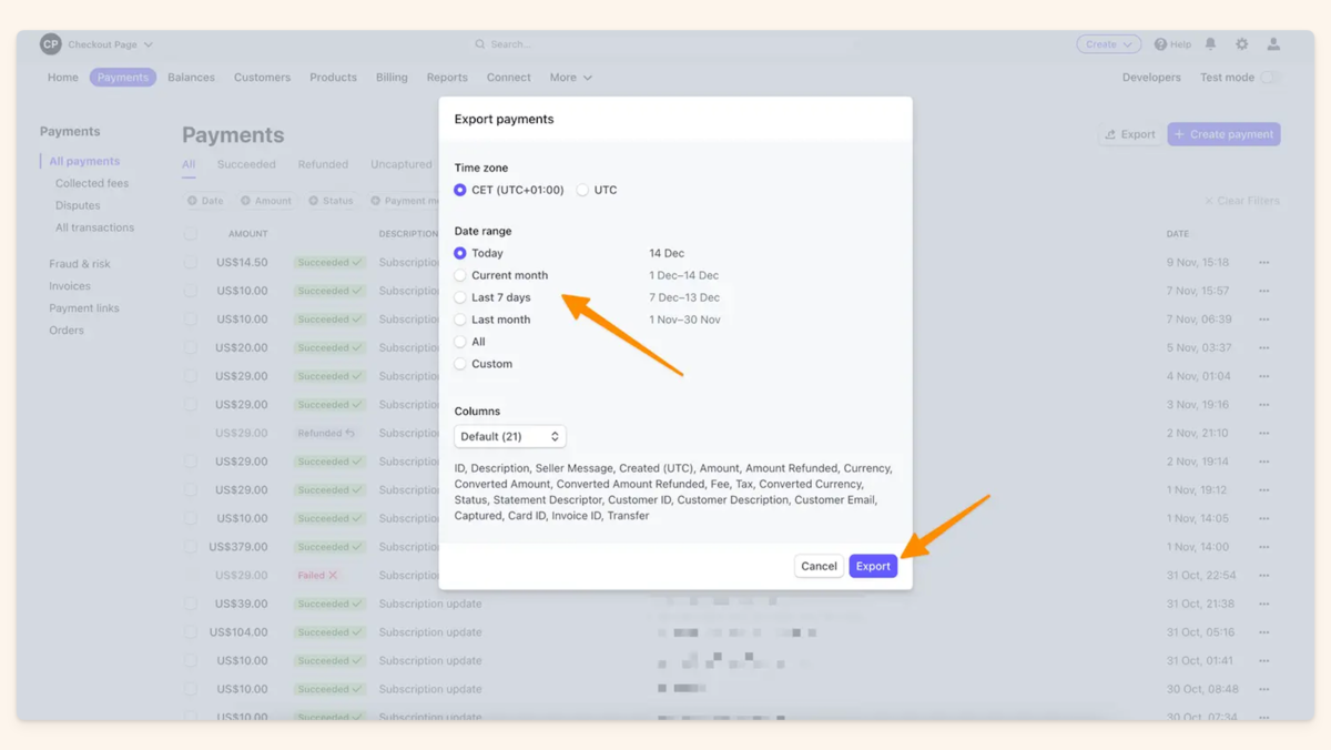 Stripe Export payments dialog overlaid on the Payments page, showing the Columns dropdown set to Default with a list of included columns and the Export button at the bottom