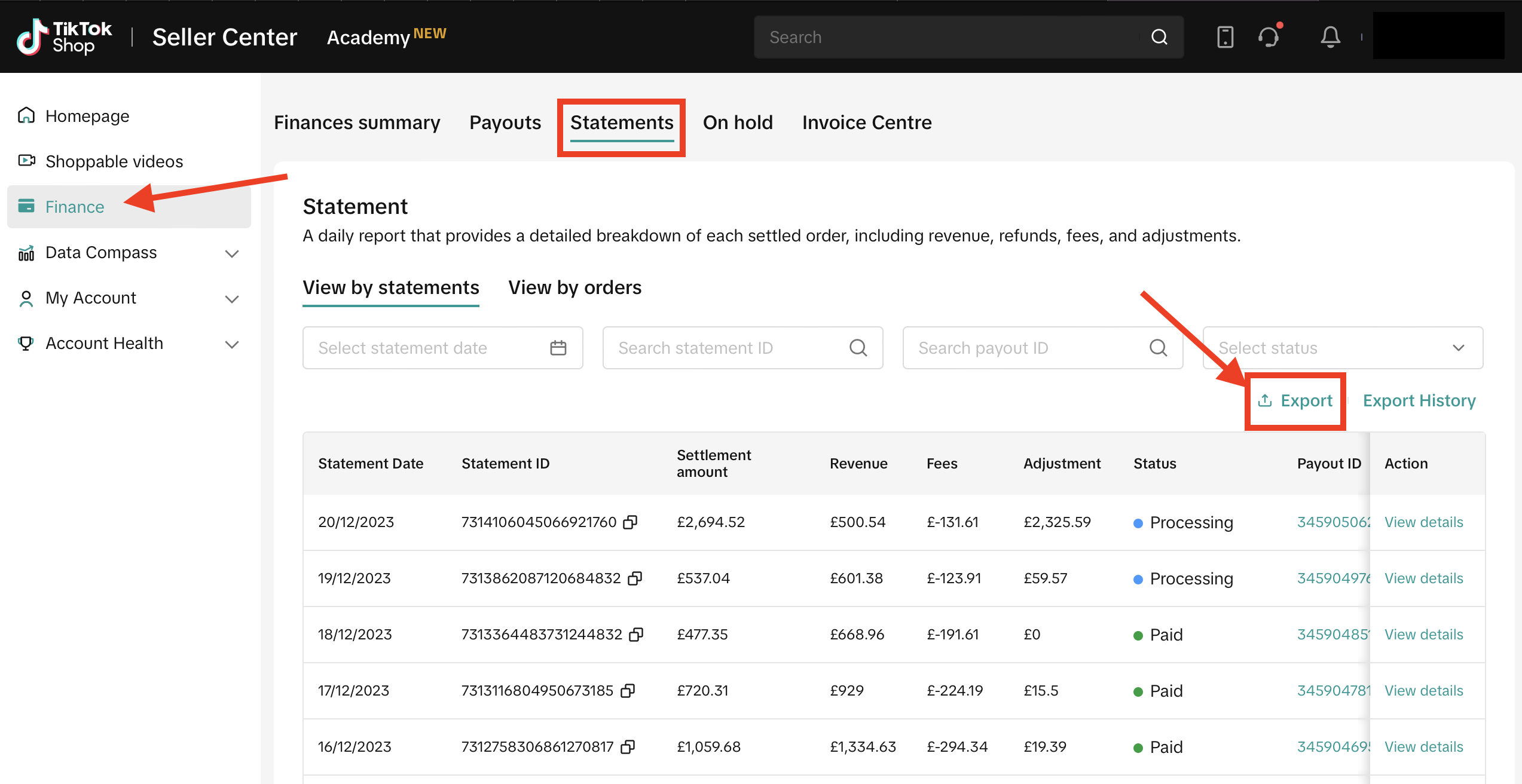 TikTok Shop Seller Center Finance section showing the Statements page with list of completed settlement periods