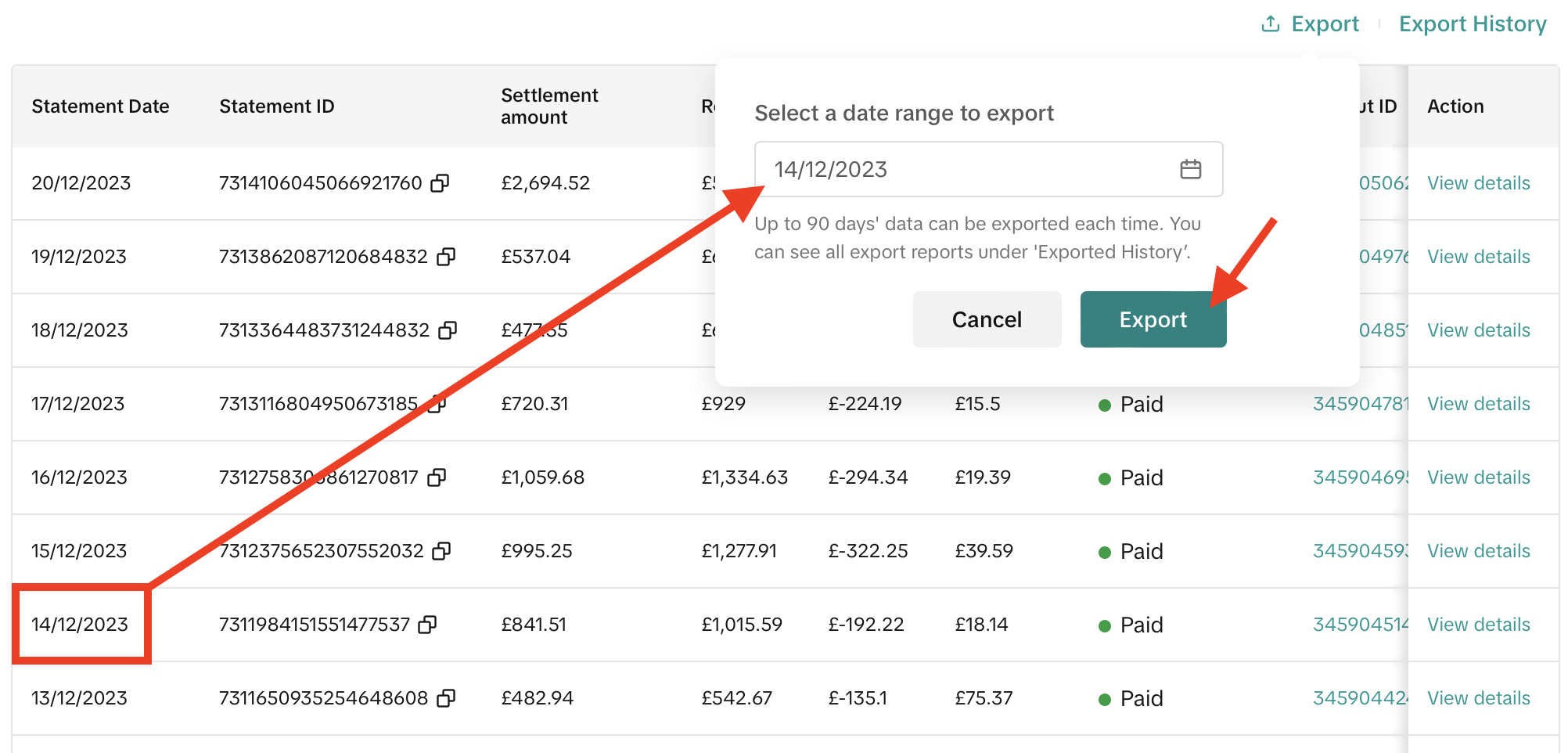 TikTok Shop statement detail page showing the Export button and settlement summary with total sales, fees, and net amount