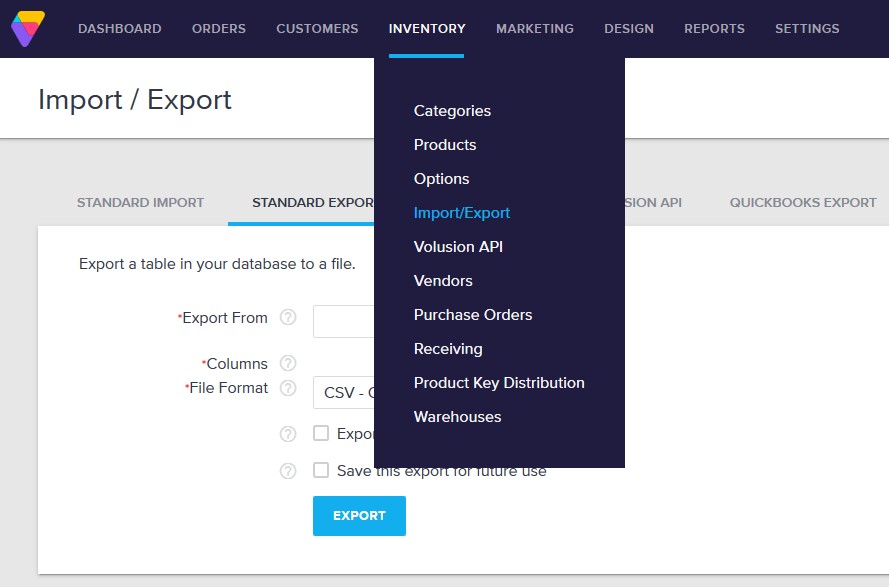 Volusion admin panel Inventory Import/Export page showing data management options for products, customers, and orders