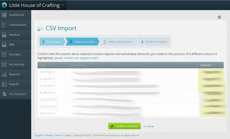 Wave CSV Import Select Amounts step showing the amount column highlighted in the CSV preview