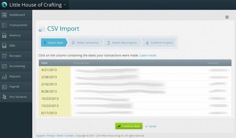 Wave CSV Import Select Date step showing transaction date column highlighted in the CSV preview with Confirm Date button