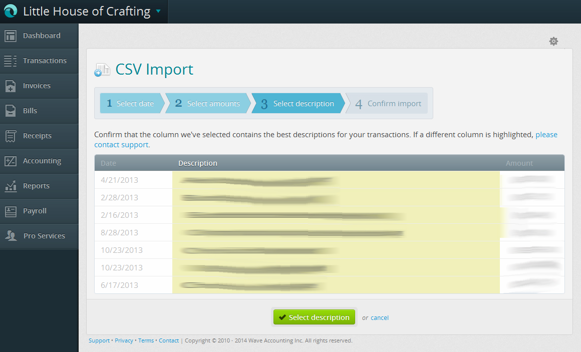 Wave CSV Import Select Description step showing the description column highlighted in the CSV preview
