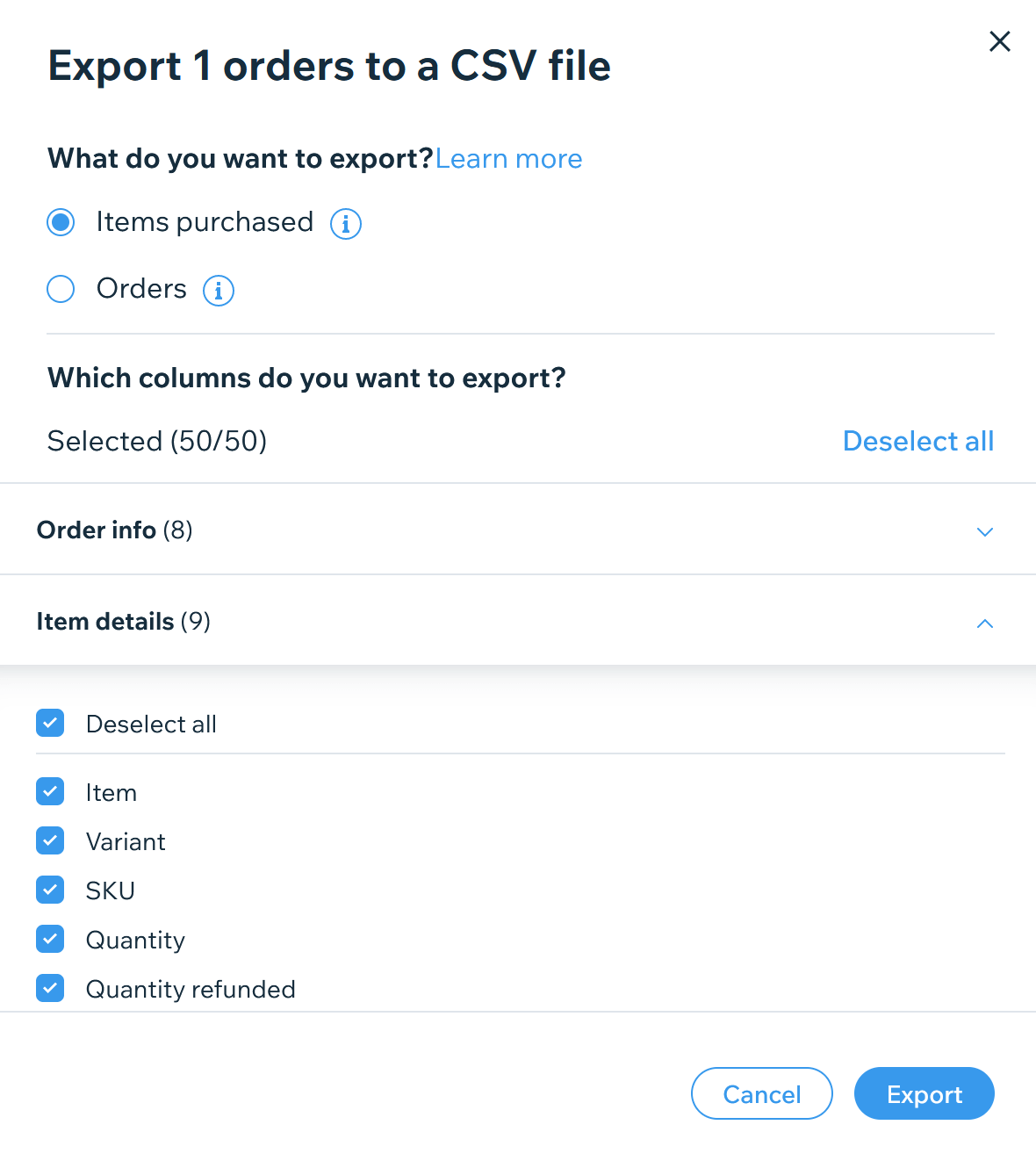 Wix dashboard Orders page showing the list of store orders with status, date, and payment columns