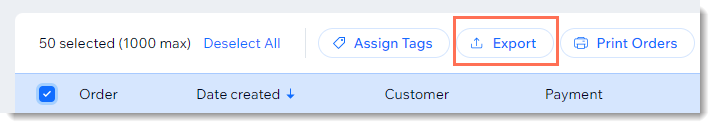 Wix order export dialog showing column selection and export format options