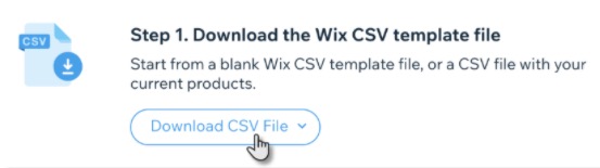 Wix Store Products page with More Actions menu showing Import option
