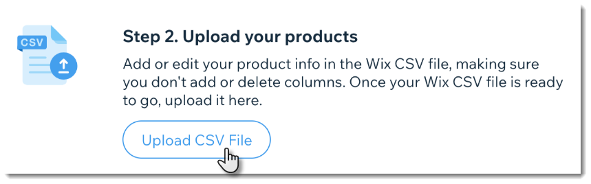 Wix CSV file upload dialog for product import