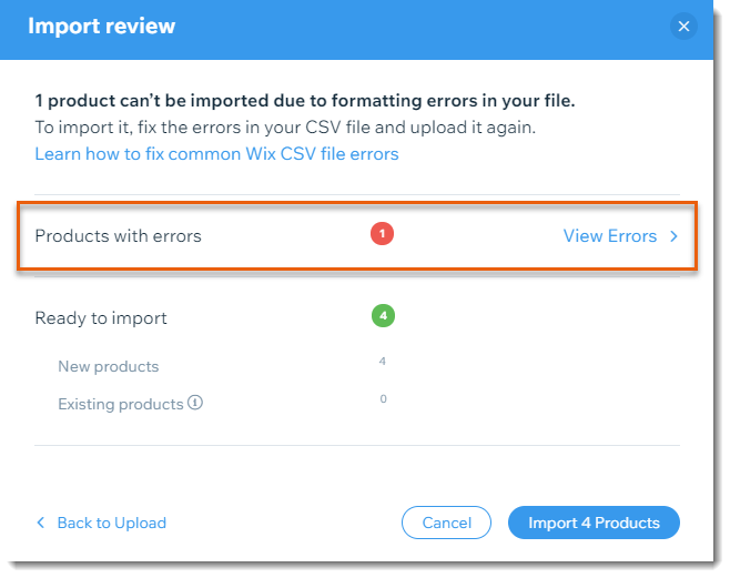 Wix import review showing error list for products that need correction