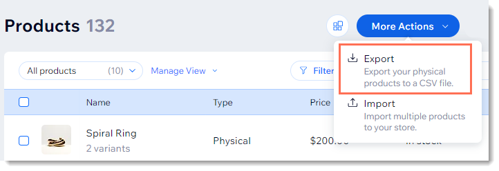 Wix dashboard Products page showing the product list with the Export button outlined