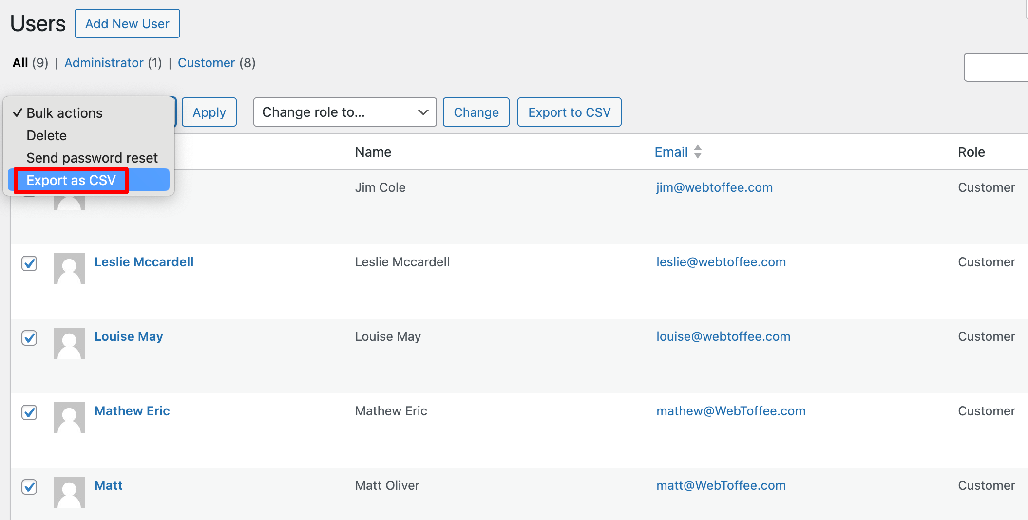 WordPress admin showing the customer export plugin interface with export options for users and customers