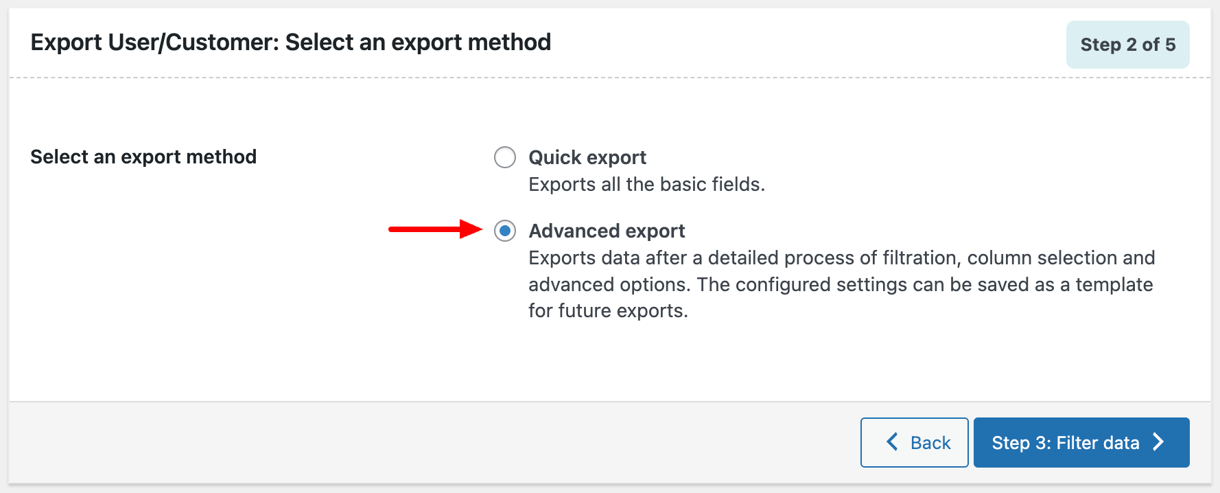 Customer export configuration page showing field selection and filter options for WooCommerce customer data