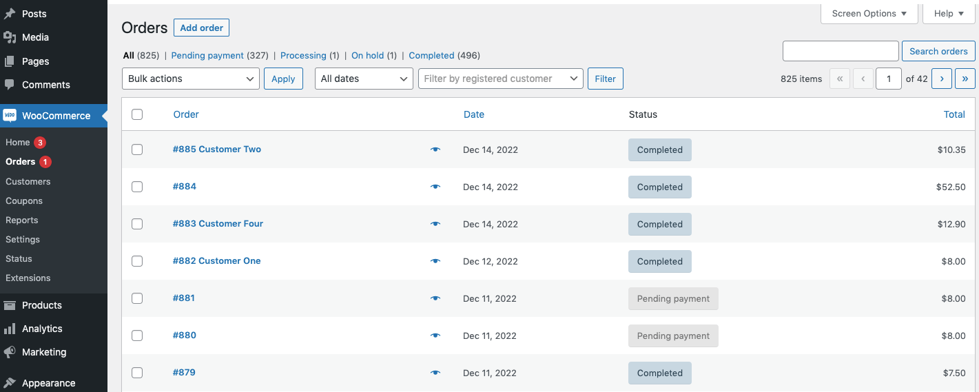 WooCommerce admin Orders page showing the list of orders with status, date, and total columns