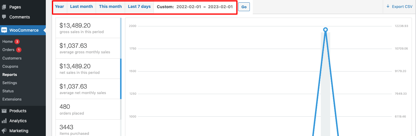 WooCommerce admin Orders page with filter options for narrowing orders by date range and status