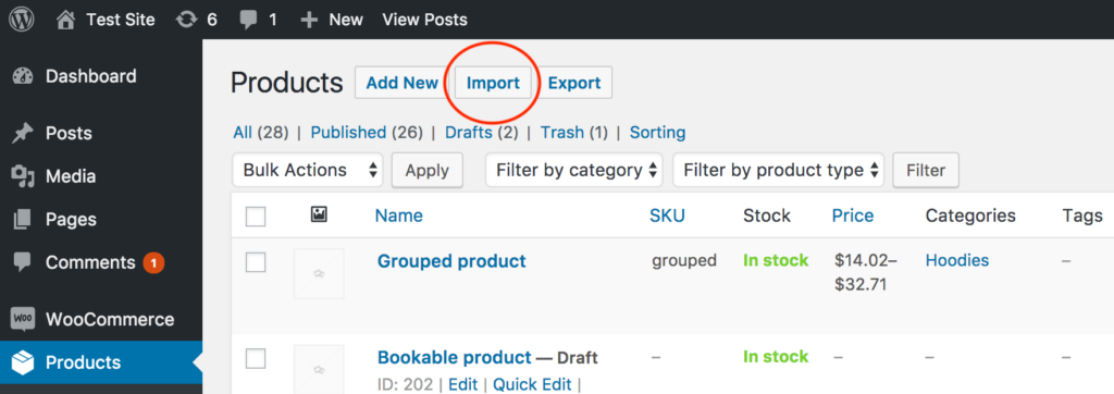 WooCommerce All Products page with the Import button at the top