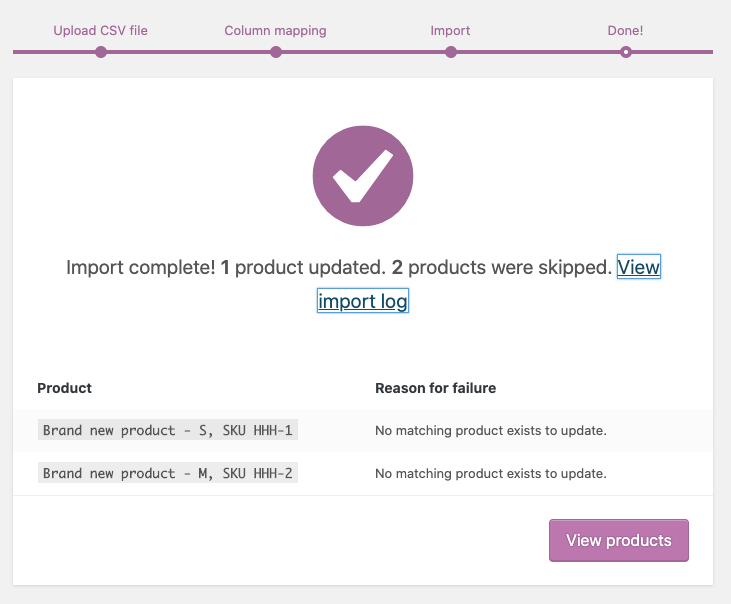 WooCommerce import complete screen showing products created and updated count
