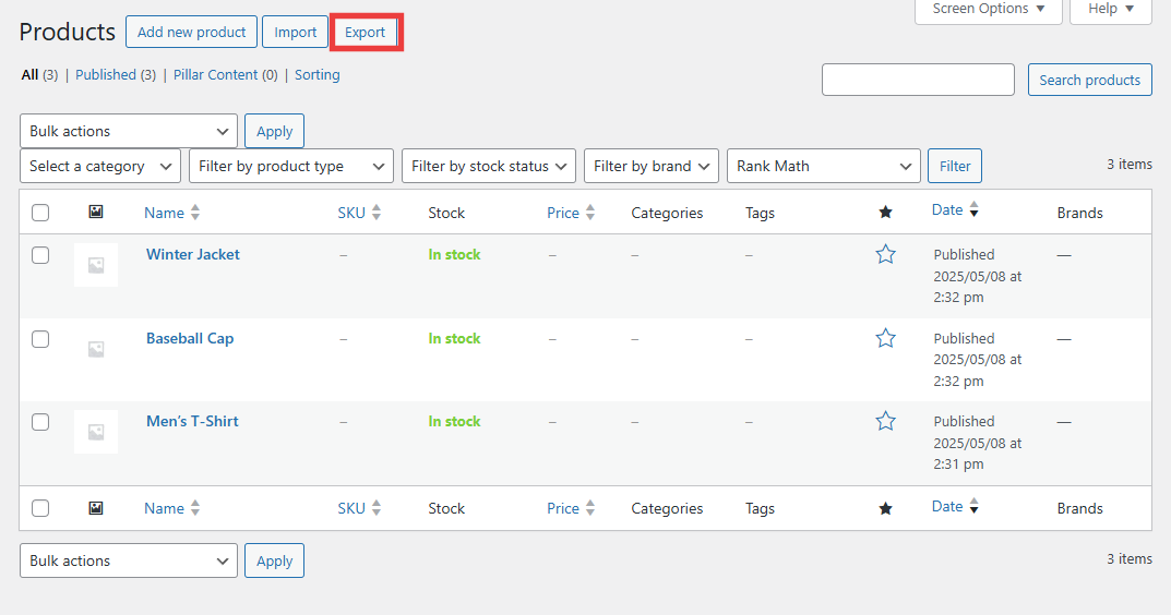 WooCommerce product export page with the Export button highlighted at the top of the All Products list