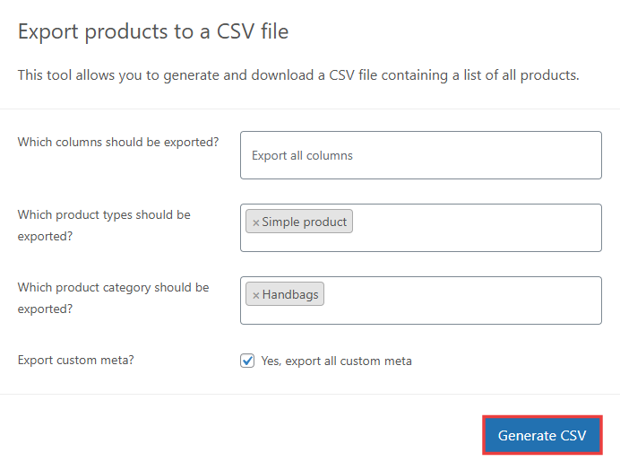 WooCommerce product export settings dialog showing column selection, product type, and category filter options