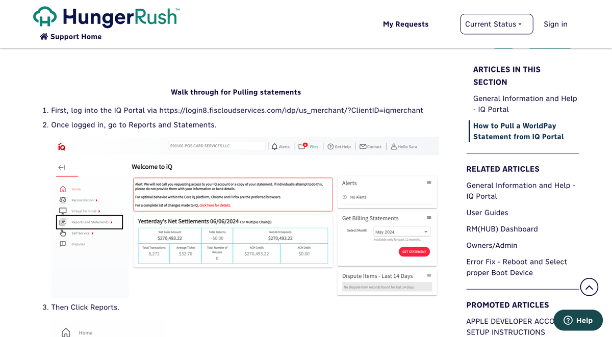 Worldpay merchant portal interface showing the main dashboard with transaction overview and reporting sections