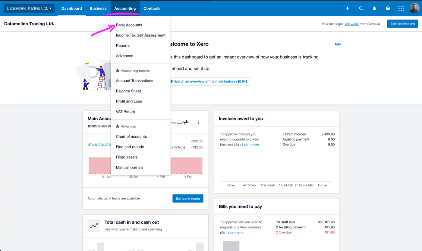 Xero dashboard with Accounting menu expanded showing Bank Accounts, Reports, and Advanced options in the dropdown