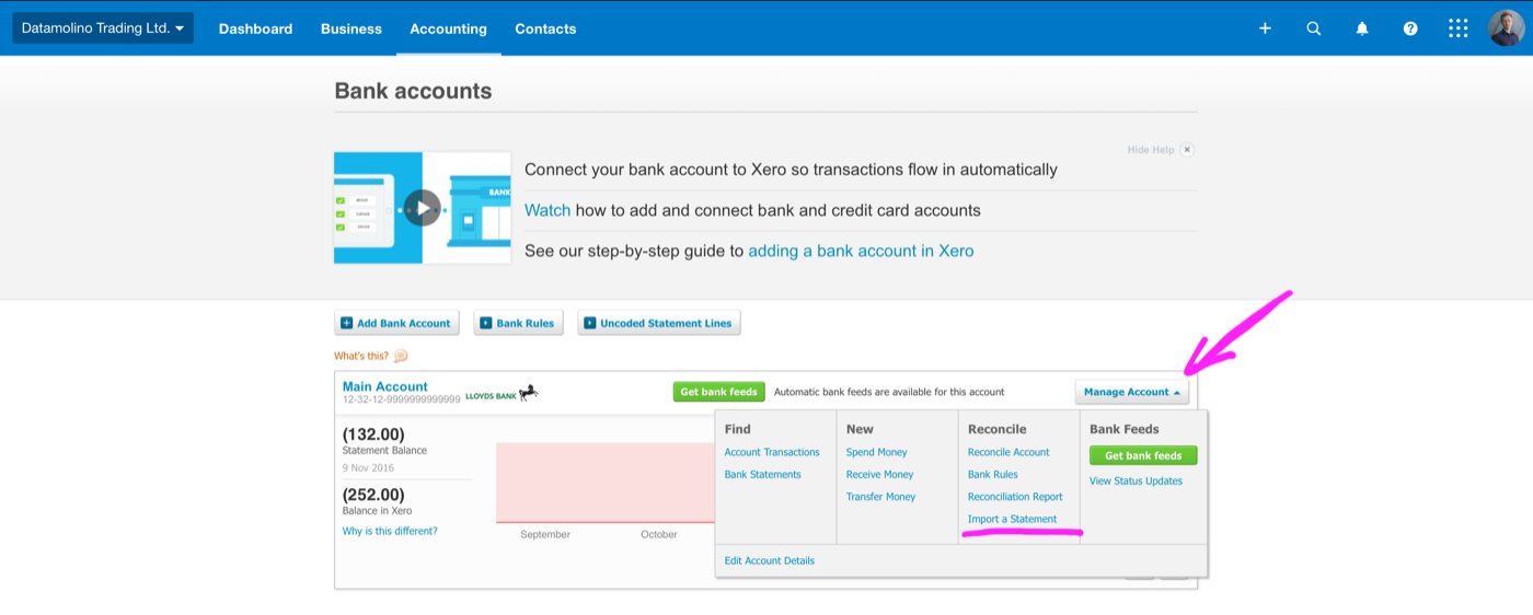 Xero Bank Accounts page showing a bank account with the Manage Account dropdown expanded, highlighting the Import a Statement option under the Reconcile column