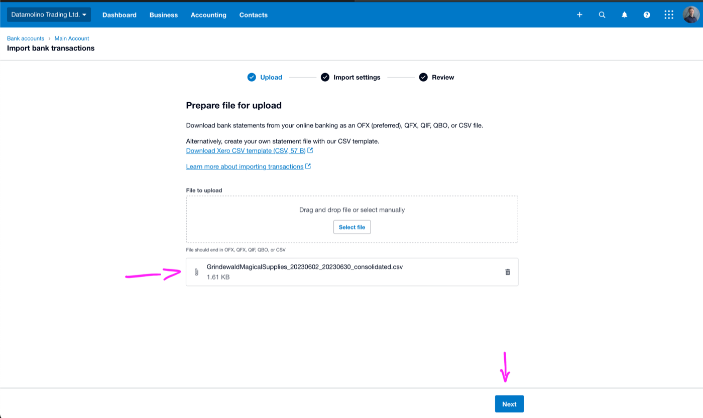 Xero Import bank transactions wizard showing the Upload step with a Prepare file for upload section, Select file button, Download Xero CSV template link, and a CSV file selected for upload with a Next button