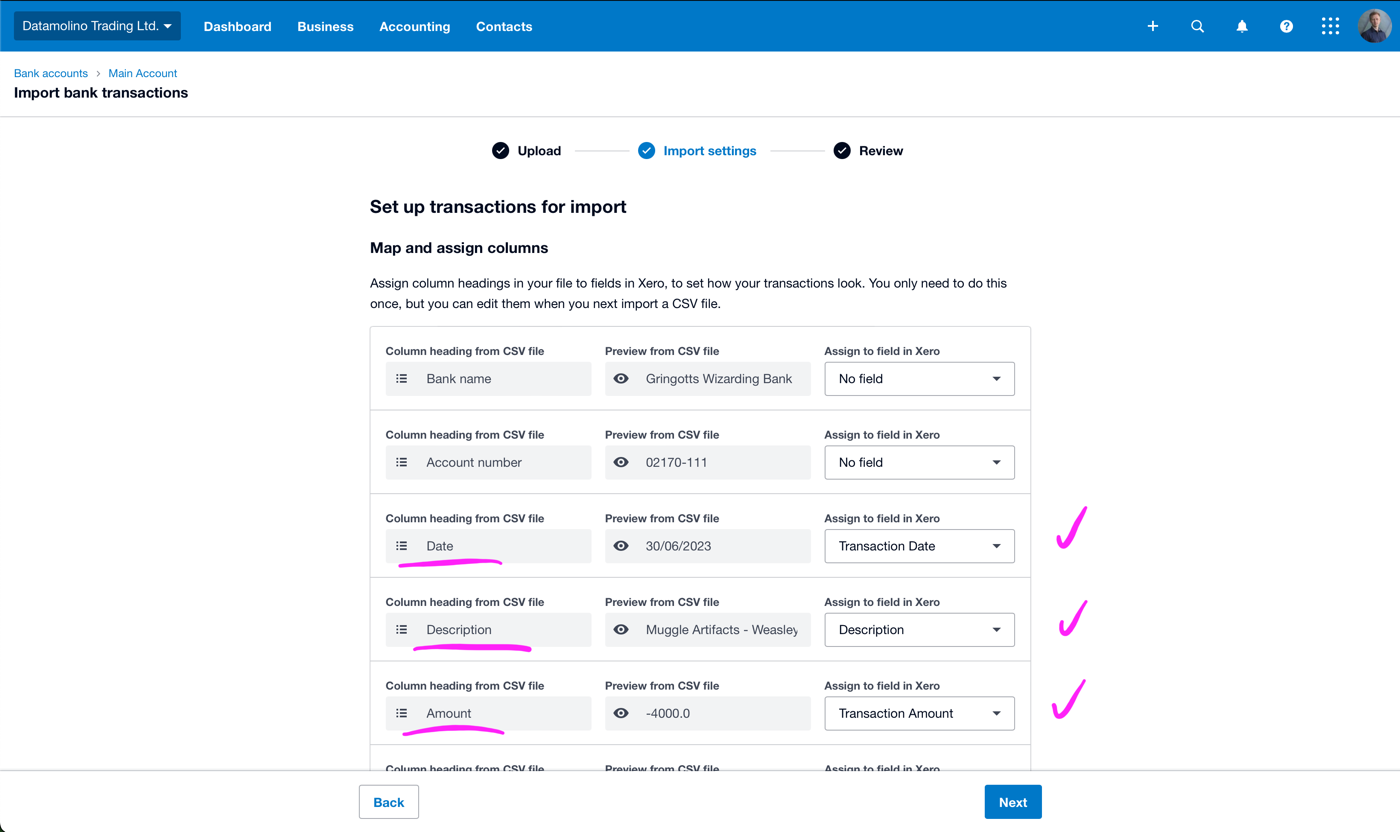 Xero Import Settings step showing Map and assign columns interface with CSV column headings on the left, preview data in the middle, and Assign to field in Xero dropdowns on the right for Date, Description, Amount, and other fields