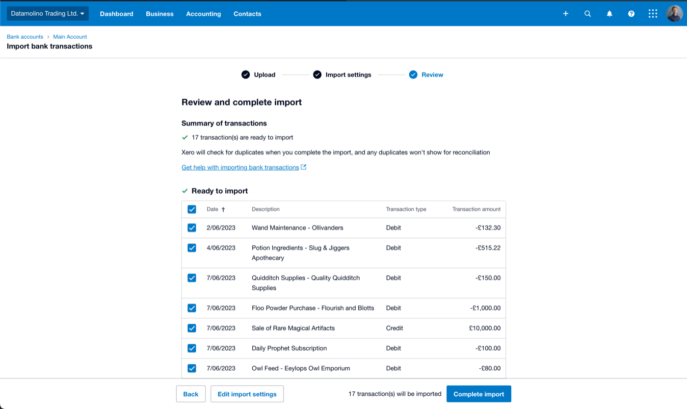 Xero Review and complete import screen showing a Summary of transactions with 17 transactions ready to import, a Ready to import checklist with Date, Description, Transaction type, and Transaction amount columns, and a Complete import button