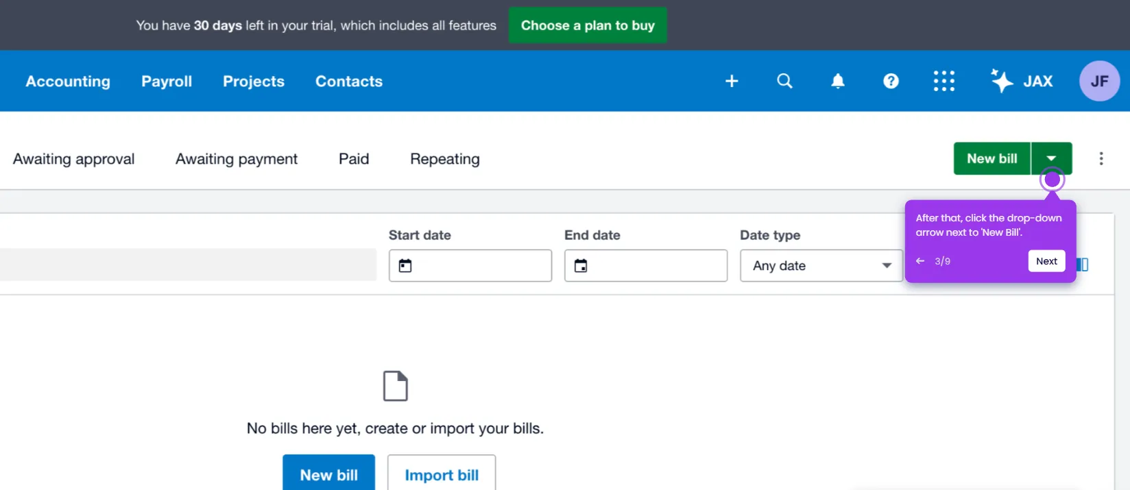 Xero Bills to Pay page showing Awaiting approval, Awaiting payment, Paid, and Repeating status tabs with a New bill button and Import bill button at the bottom of an empty bills list