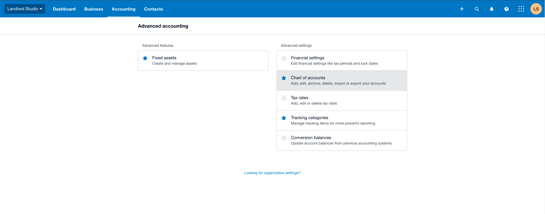 Xero Advanced accounting page showing Advanced features section with Fixed assets, and Advanced settings section with Chart of accounts, Tax rates, Tracking categories, and Conversion balances options
