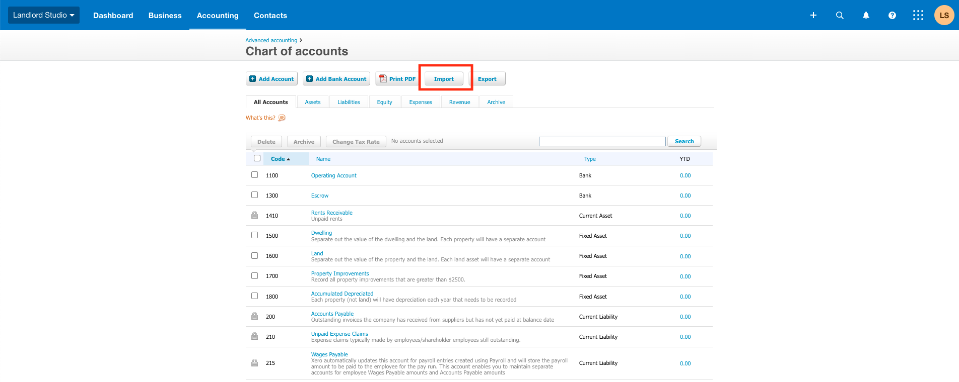 Xero Chart of accounts page header showing Add Account, Add Bank Account, Print PDF, Import, and Export buttons with account type tabs below for All Accounts, Assets, Liabilities, Equity, Expenses, Revenue, and Archive