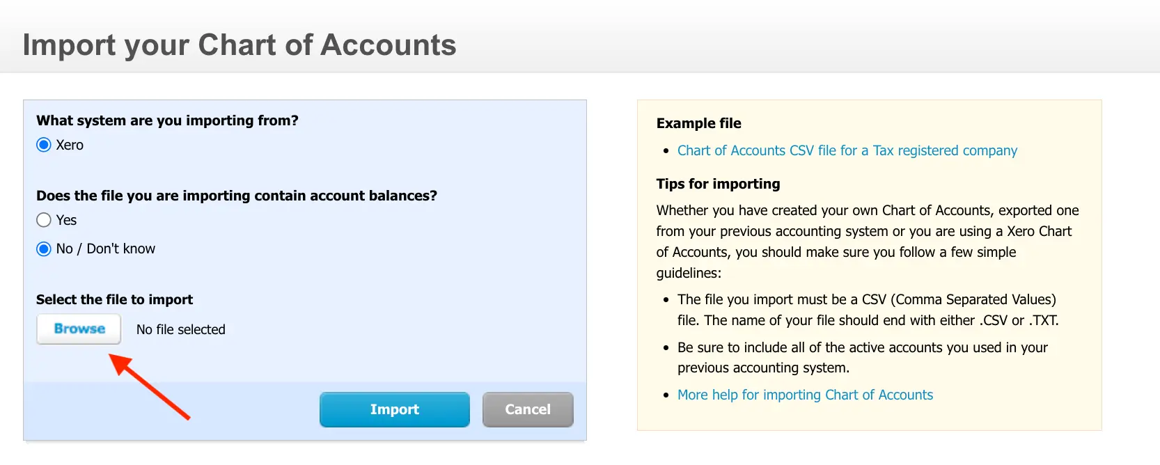 Xero Import your Chart of Accounts wizard showing system selection set to Xero, account balance options, a Browse button to select a CSV file, an Example file link to download a template, and Tips for importing guidelines