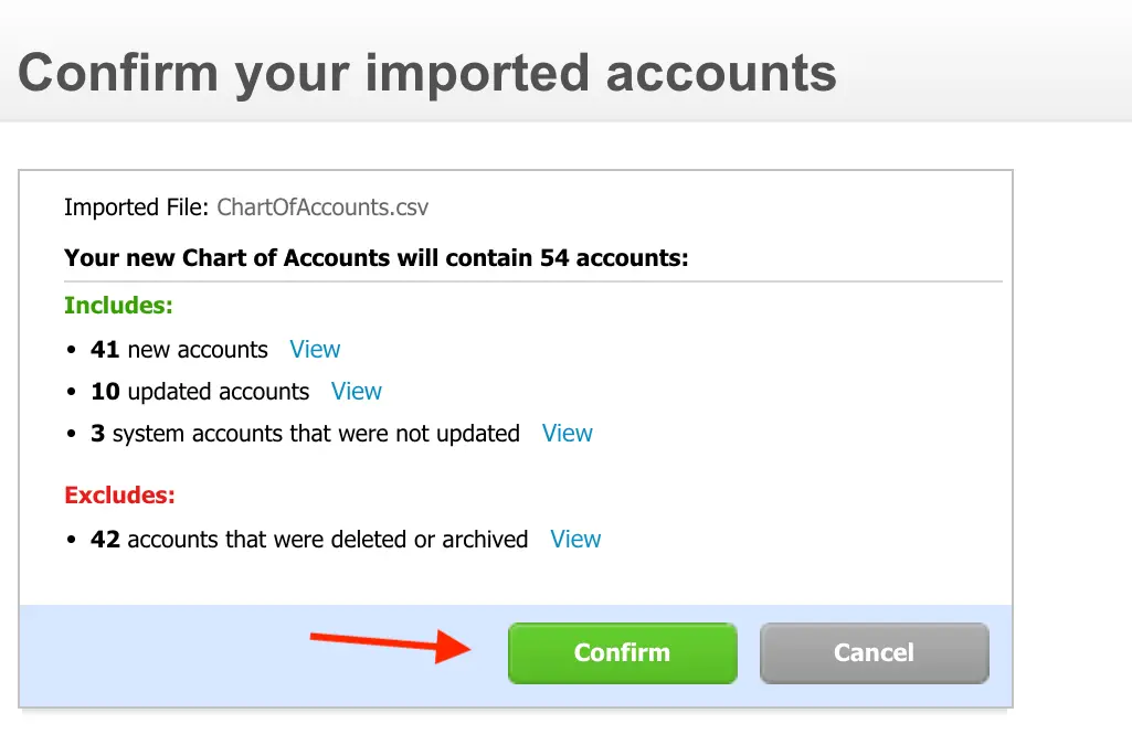 Xero Confirm your imported accounts screen showing the imported ChartOfAccounts.csv file summary with 41 new accounts, 10 updated accounts, 3 system accounts not updated, and 42 deleted or archived accounts, with a Confirm button