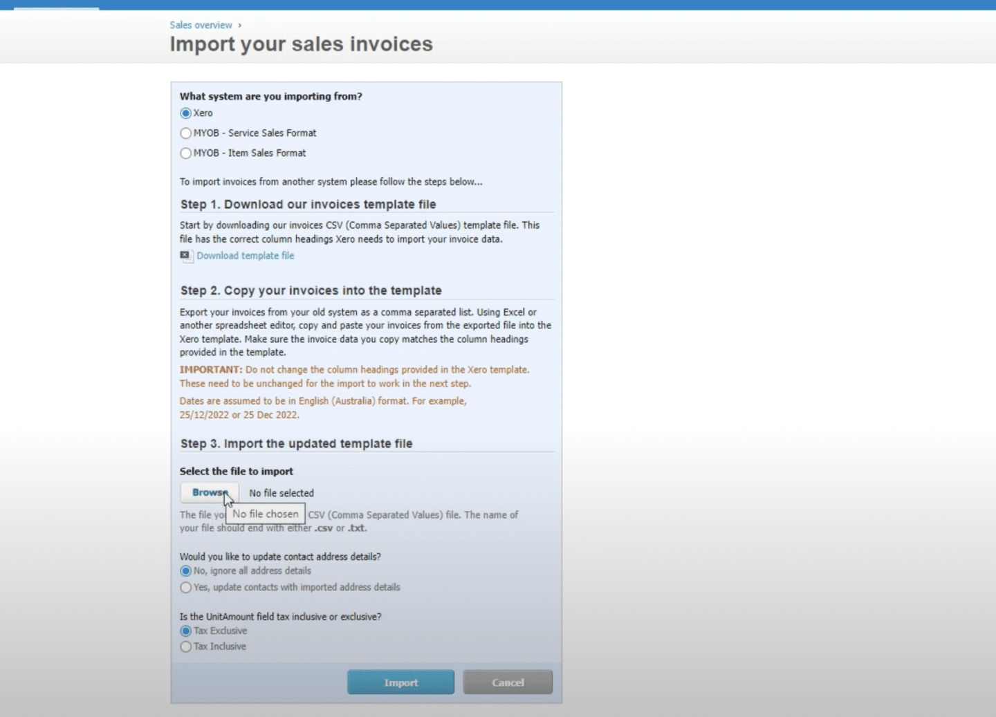 Xero Import your sales invoices wizard showing Step 1 Download template, Step 2 Copy invoices into template, and Step 3 Import the updated template file with Browse button and tax settings