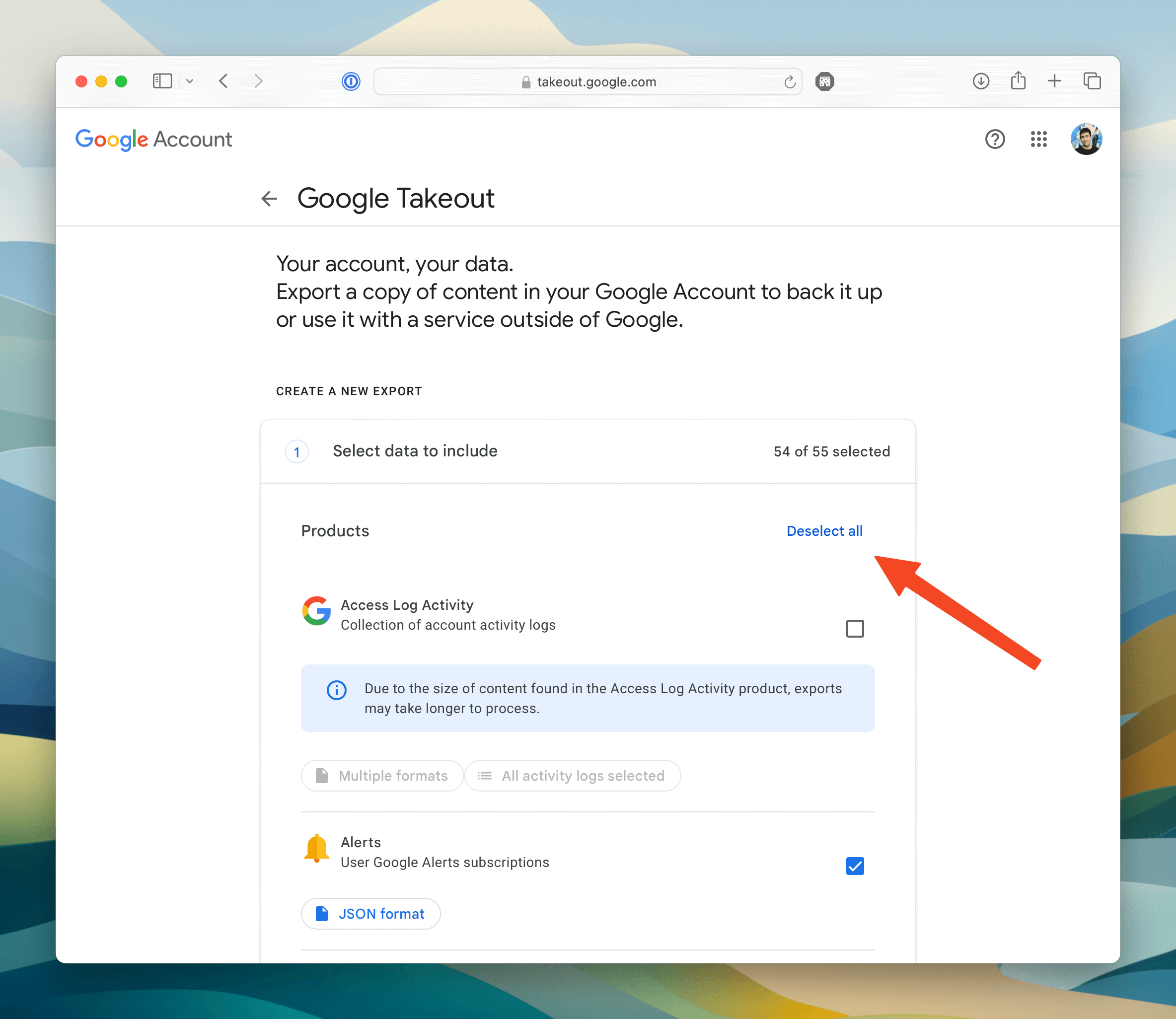 Google Takeout Create a New Export page with the Deselect all button visible at the top of the data products list