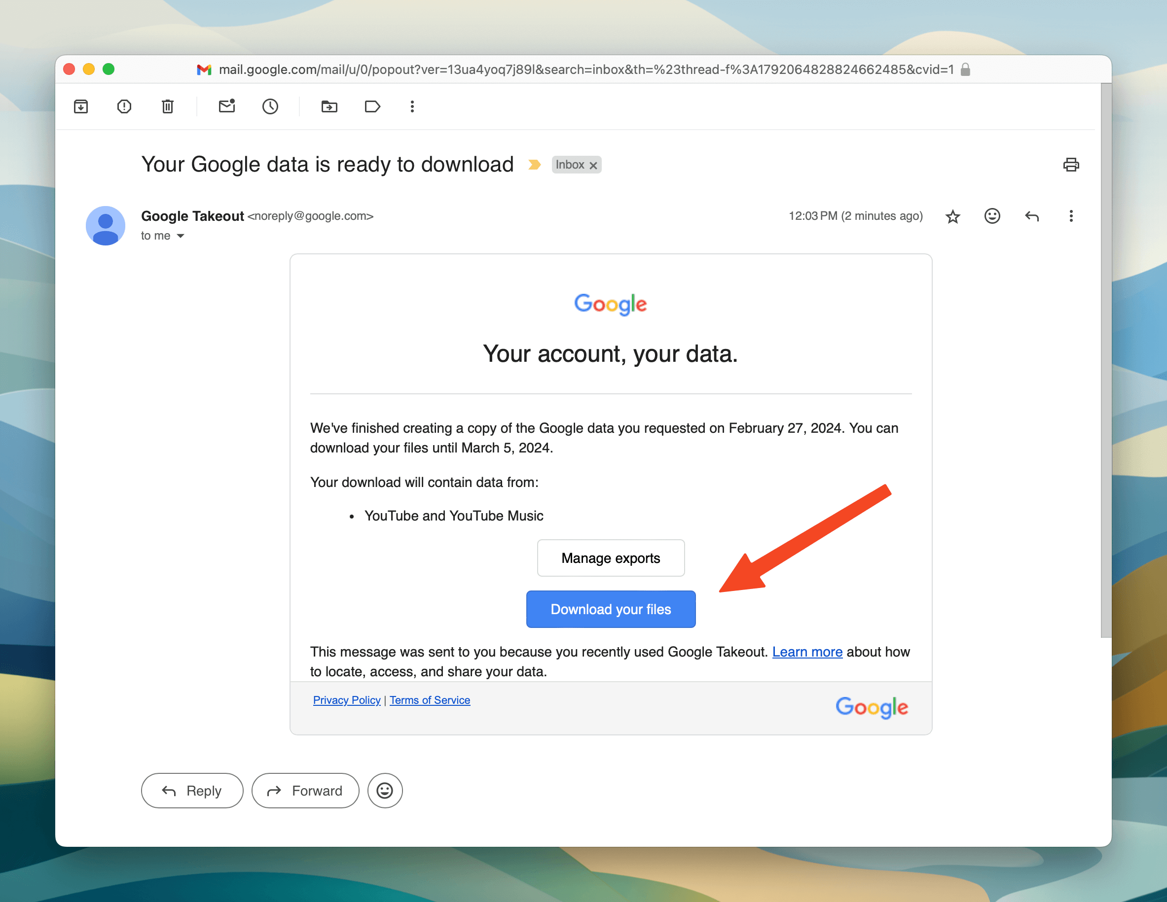Email notification from Google Takeout with the Download your files button to retrieve the export archive