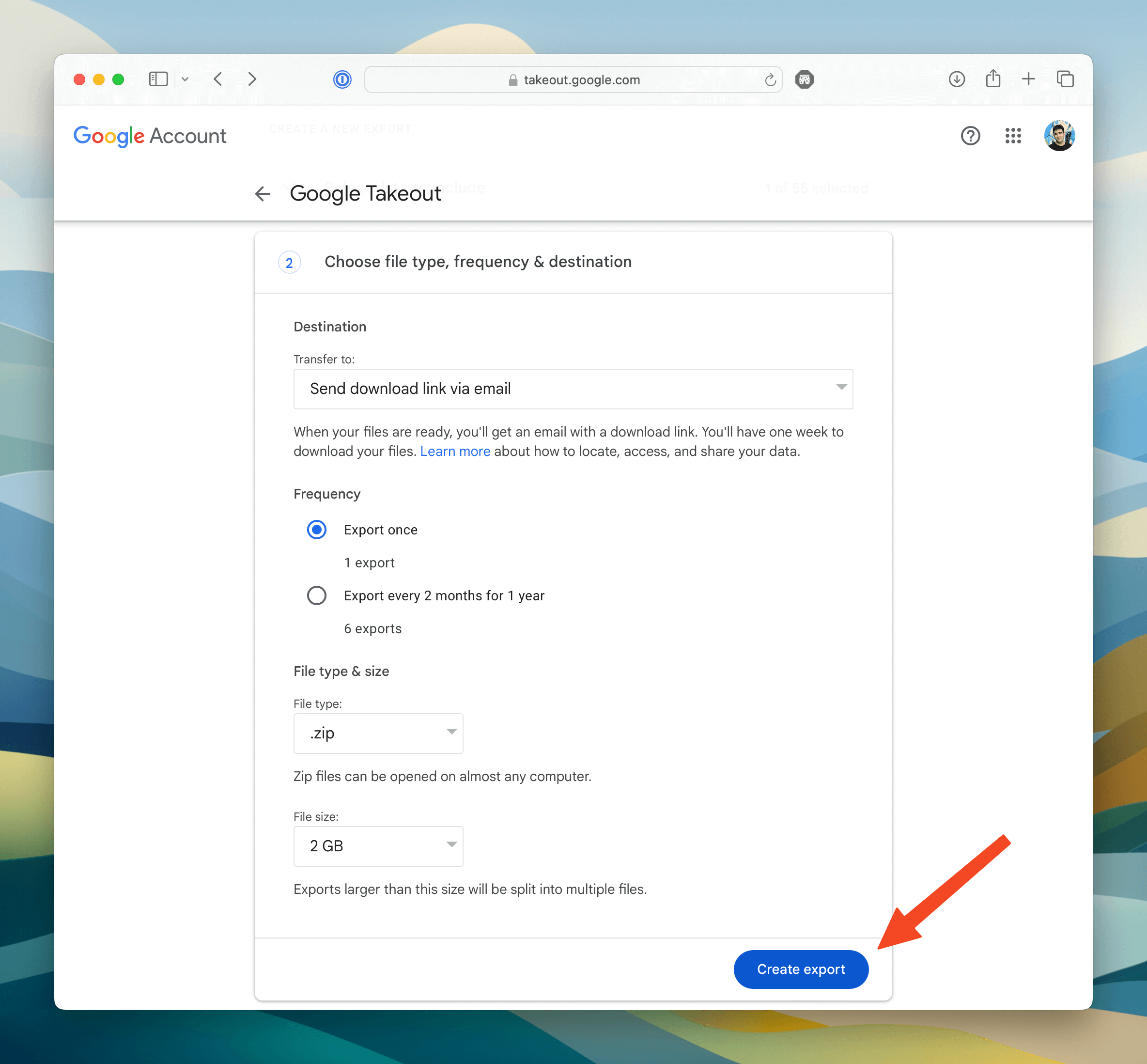 Google Takeout delivery settings showing export frequency, file type ZIP, and file size options