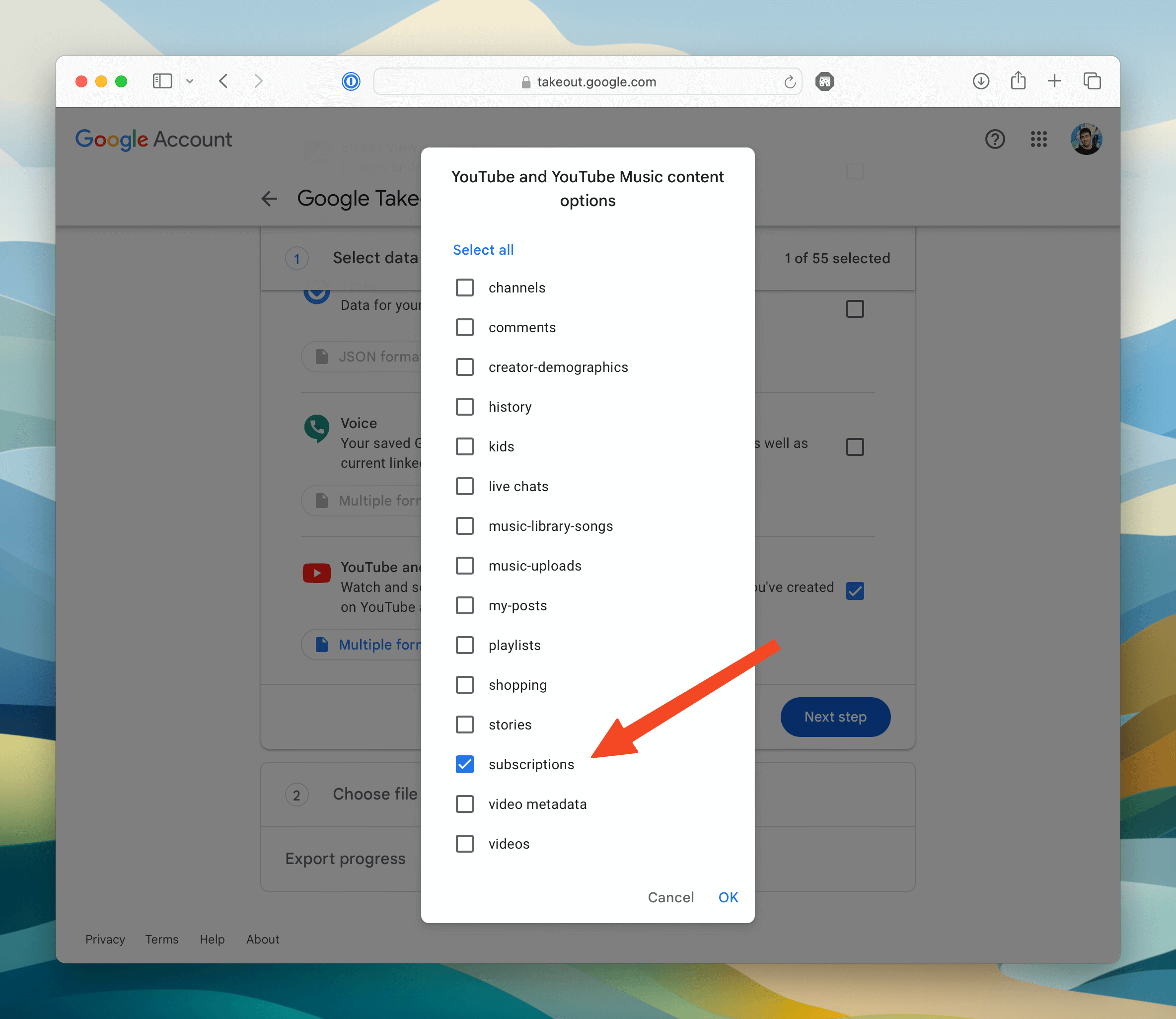 Google Takeout YouTube and YouTube Music content options popup with only the subscriptions checkbox selected