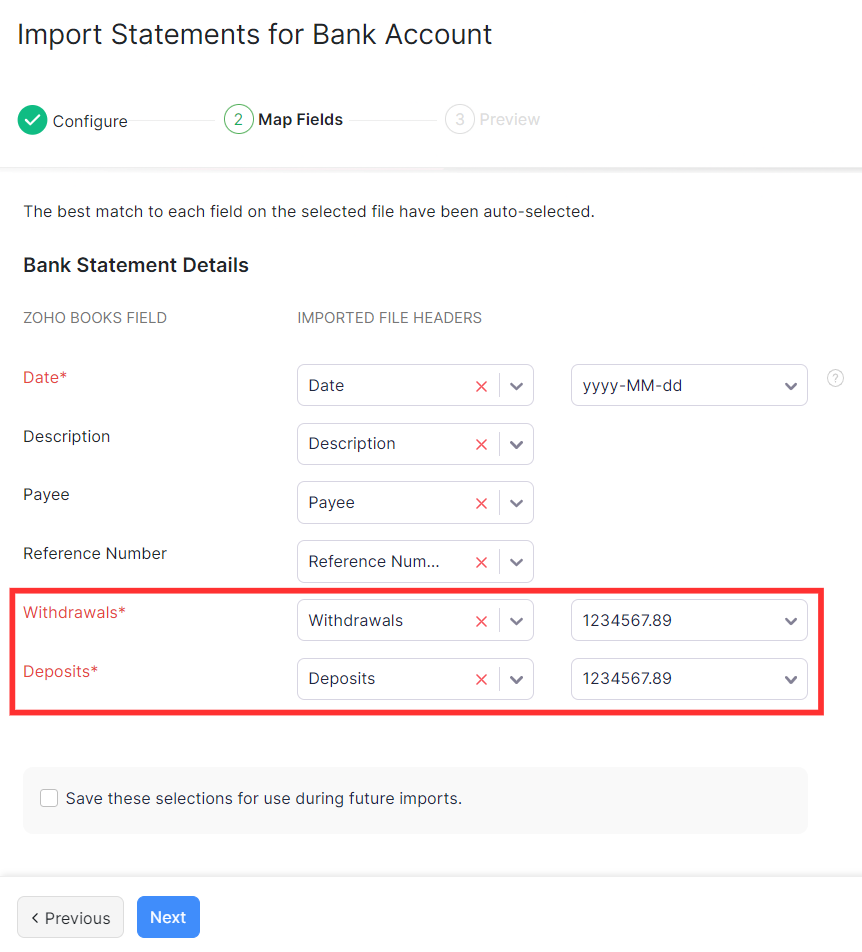 Zoho Books bank statement import showing Double Column amount format selection with deposit and withdrawal column mapping