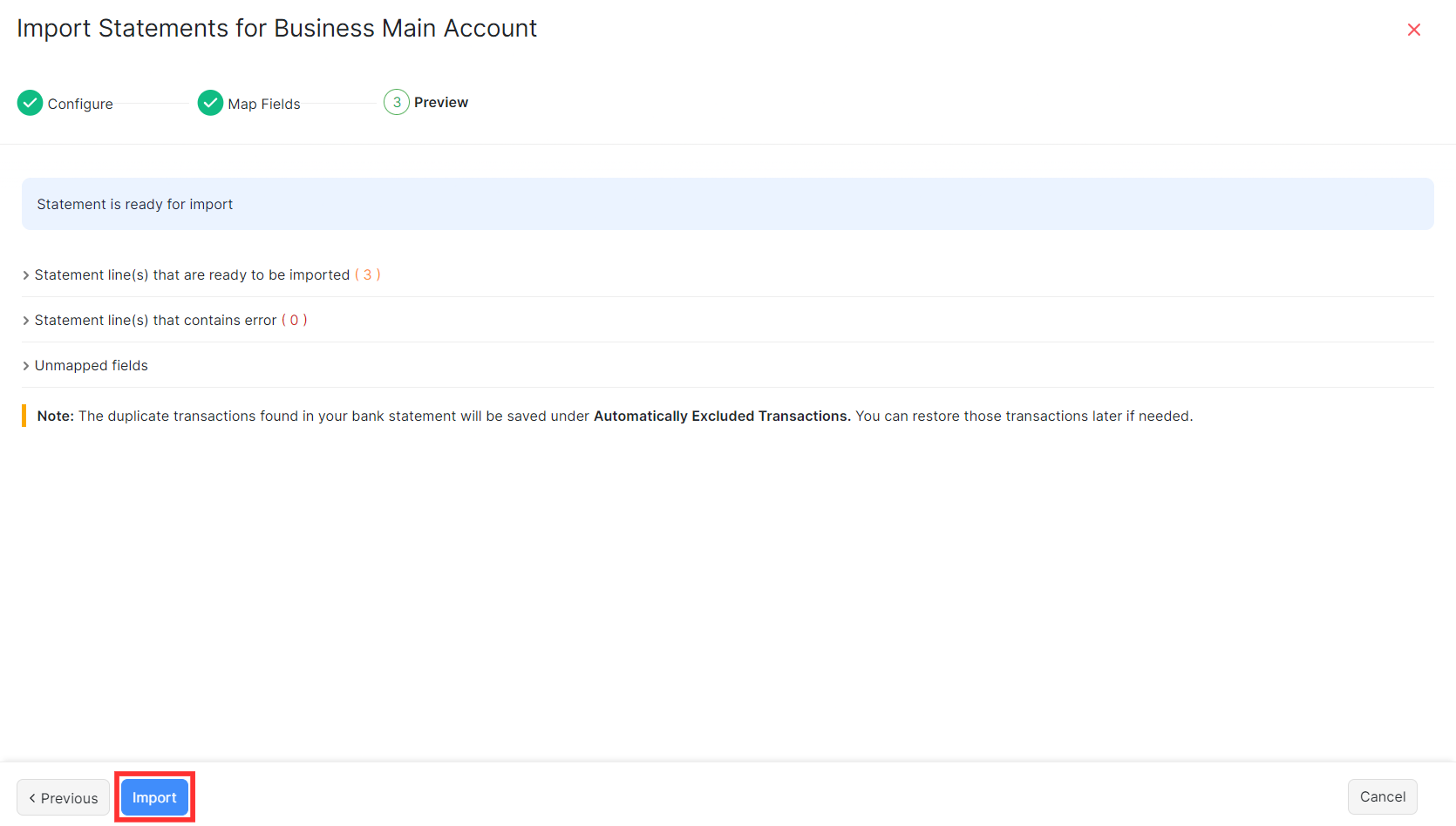 Zoho Books bank statement import preview showing mapped transactions with dates, descriptions, and amounts