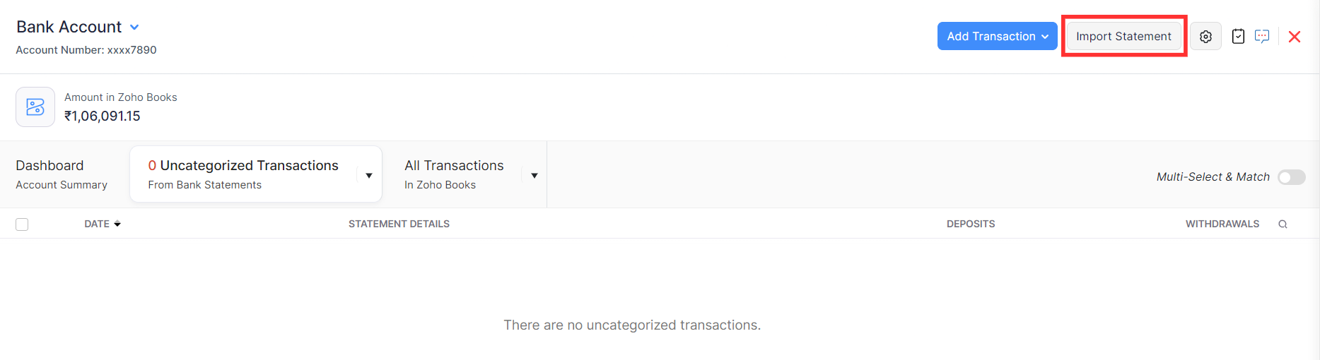 Zoho Books Banking page showing the Import Statement button in the top-right corner of the bank account view