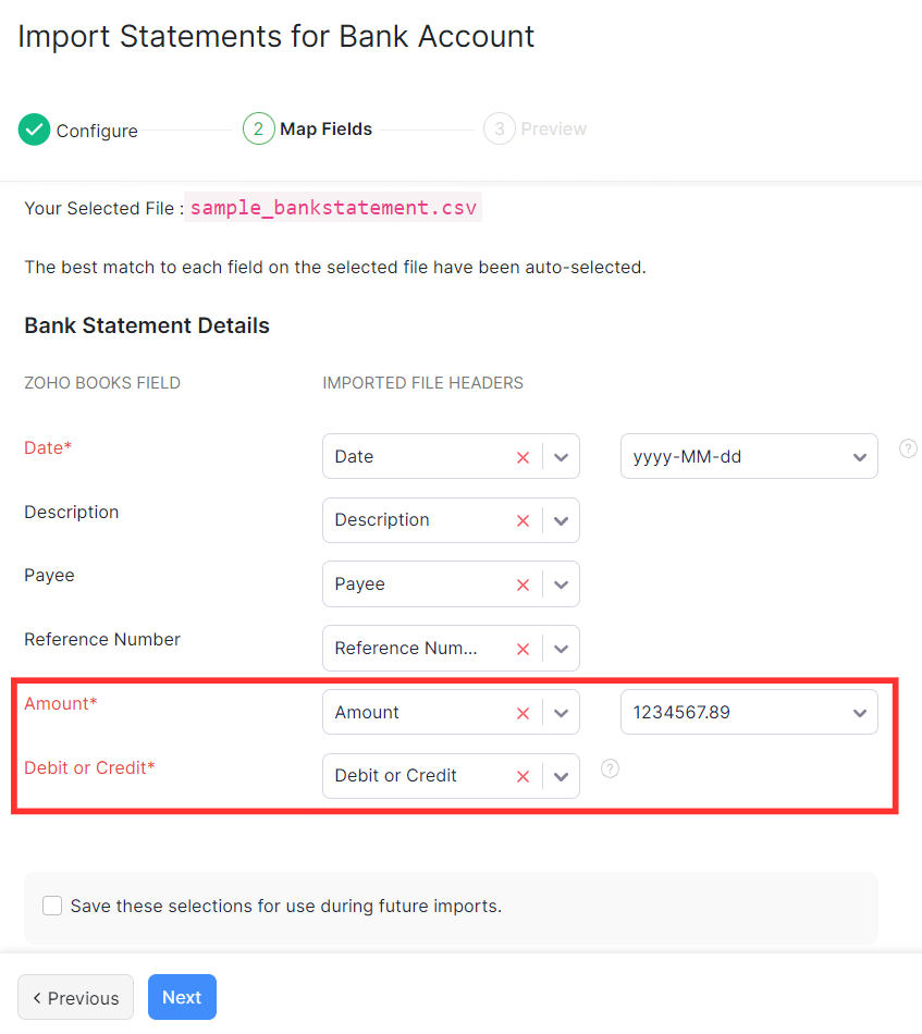 Zoho Books bank statement Map Fields page showing Date, Description, Payee, Reference Number, Amount, and Debit or Credit field mappings with the amount fields highlighted