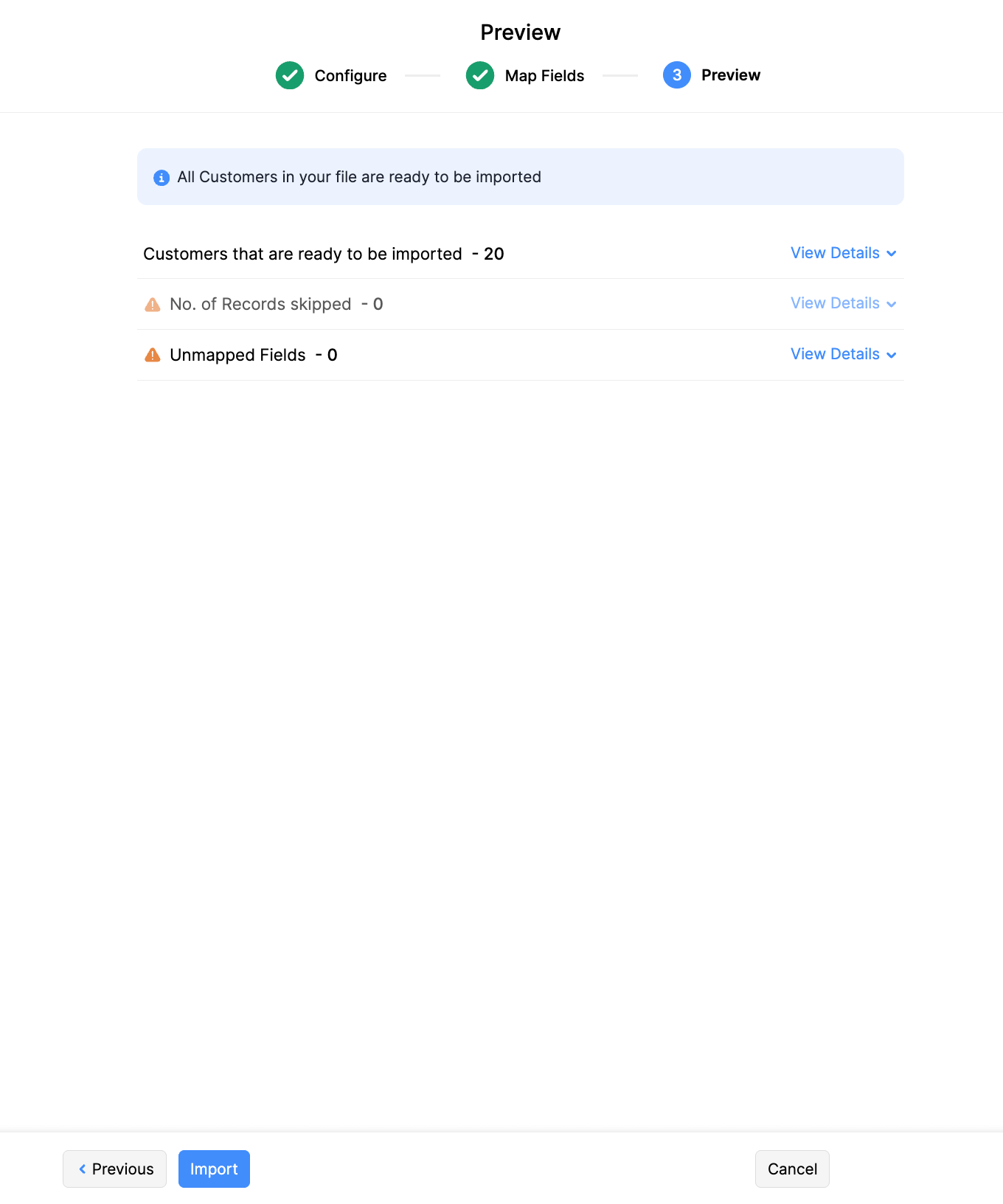 Zoho Books import Preview step showing a summary of mapped data before final import