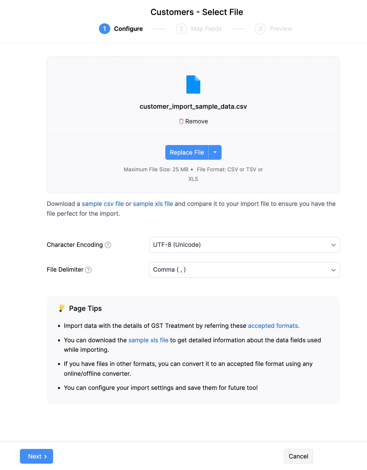 Zoho Books import wizard Configure step showing file upload area, character encoding, and file delimiter settings